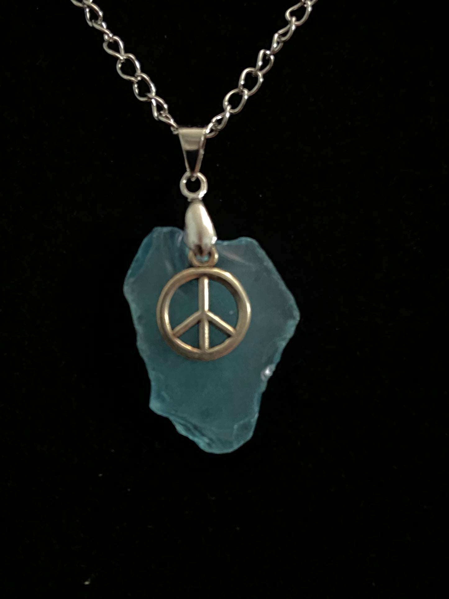 Blue Sea Glass with Peace Sign Charm & Silver Chain Necklace 5