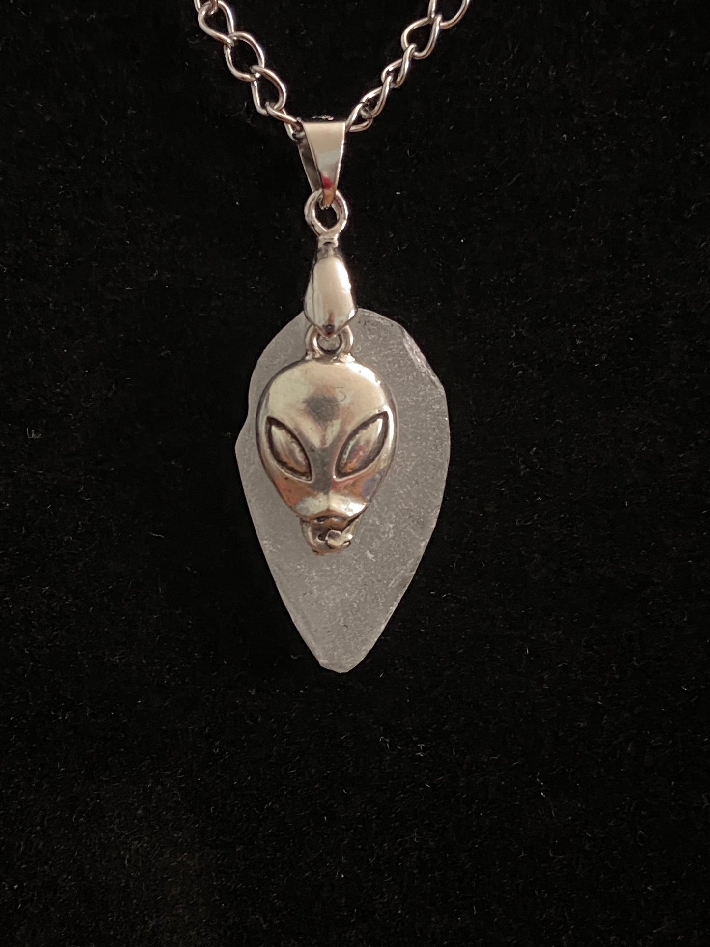 White Sea Glass with Silver Alien Charm & Silver Chain Necklace 1