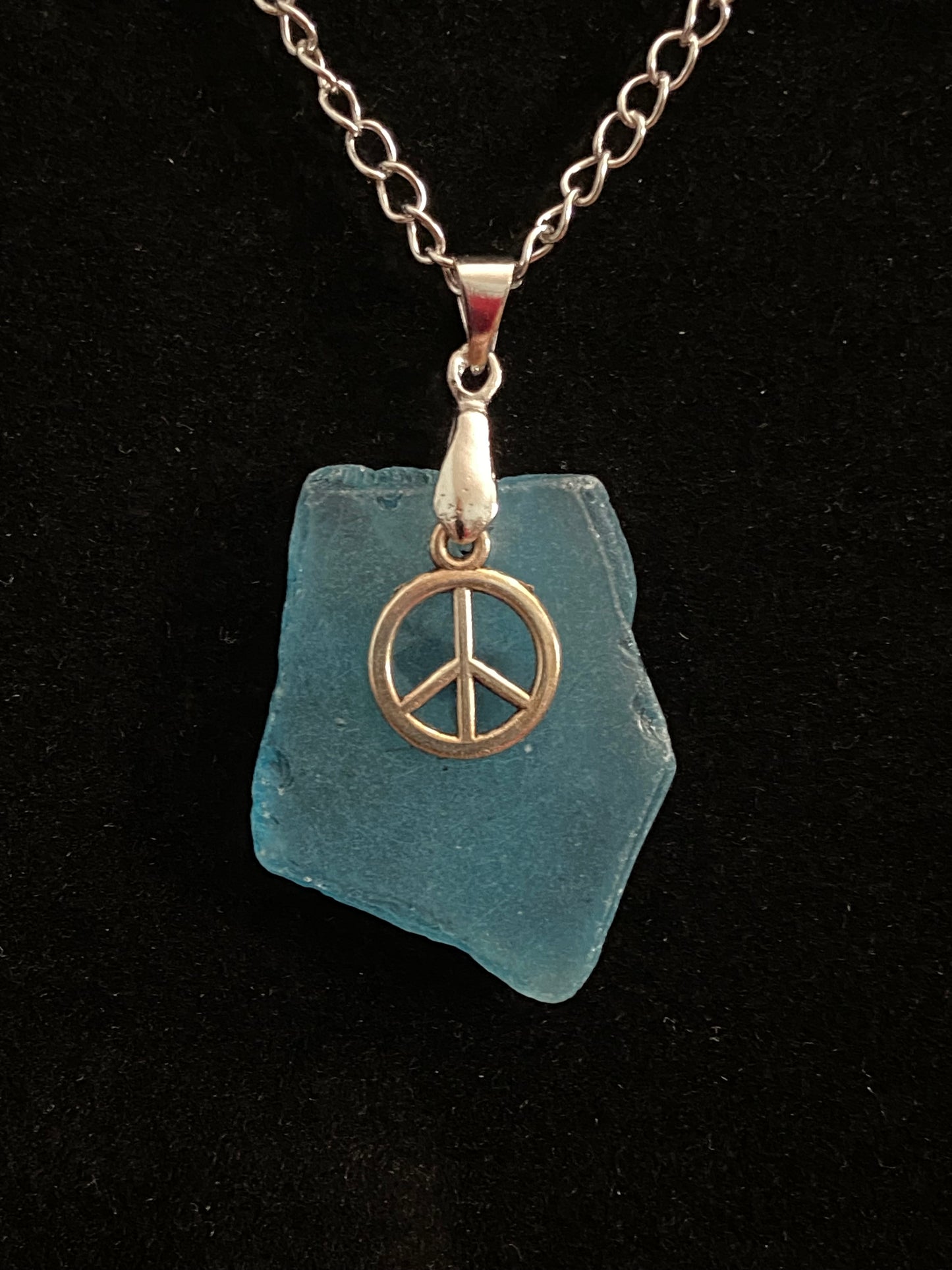 Blue Sea Glass with Peace Sign Charm & Silver Chain Necklace 6