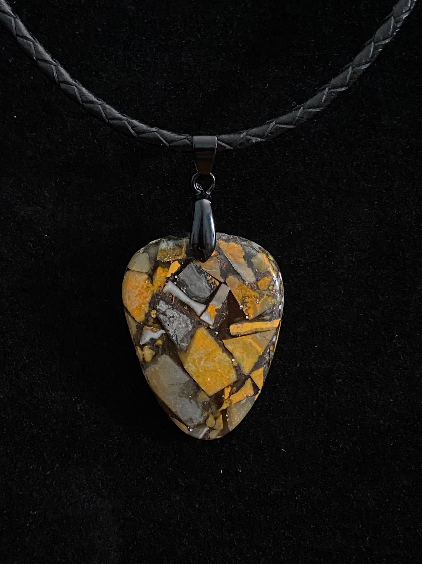 Brown, Tan, Yellow and Gray Brecciated Jasper with Black Leather Cord Necklace