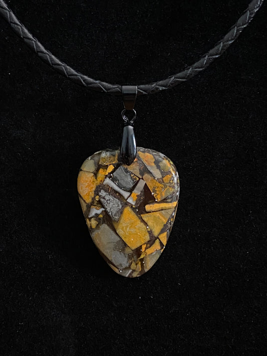 Brown, Tan, Yellow and Gray Brecciated Jasper with Black Leather Cord Necklace