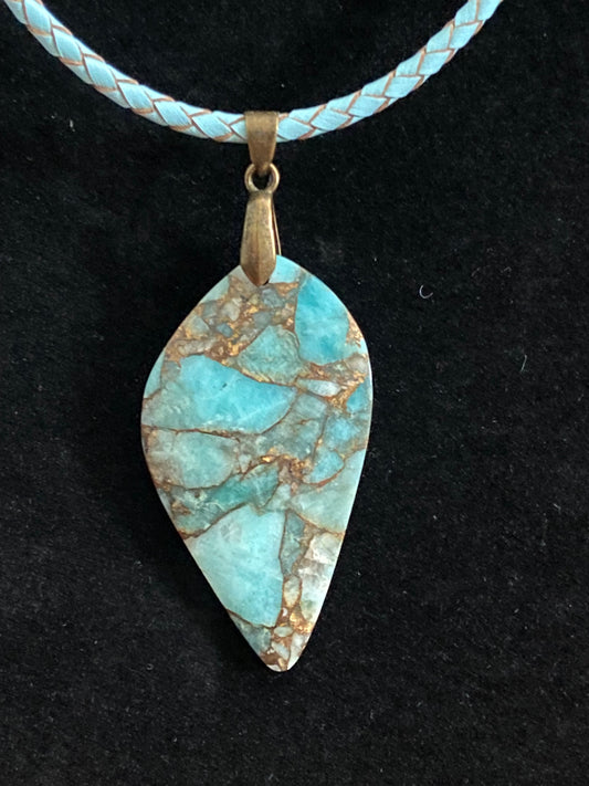 Turquoise Cabochon with Light Blue and Gold Leather Cord Necklace