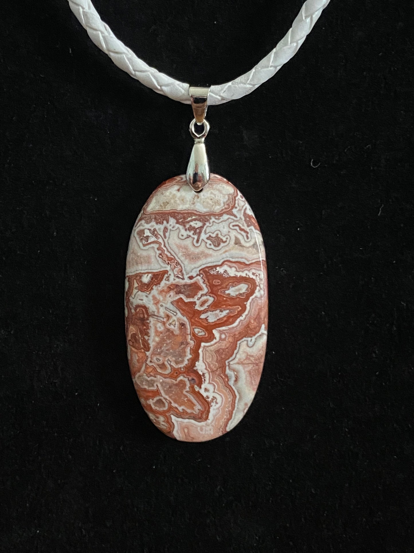 White & Maroon Crazy Lace Agate with White Leather Cord Necklace