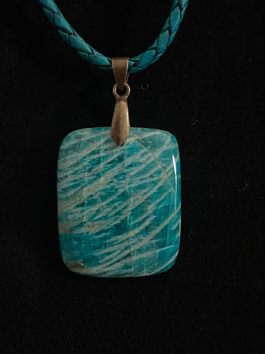 Green and White Amazonite with Green Leather Cord Necklace