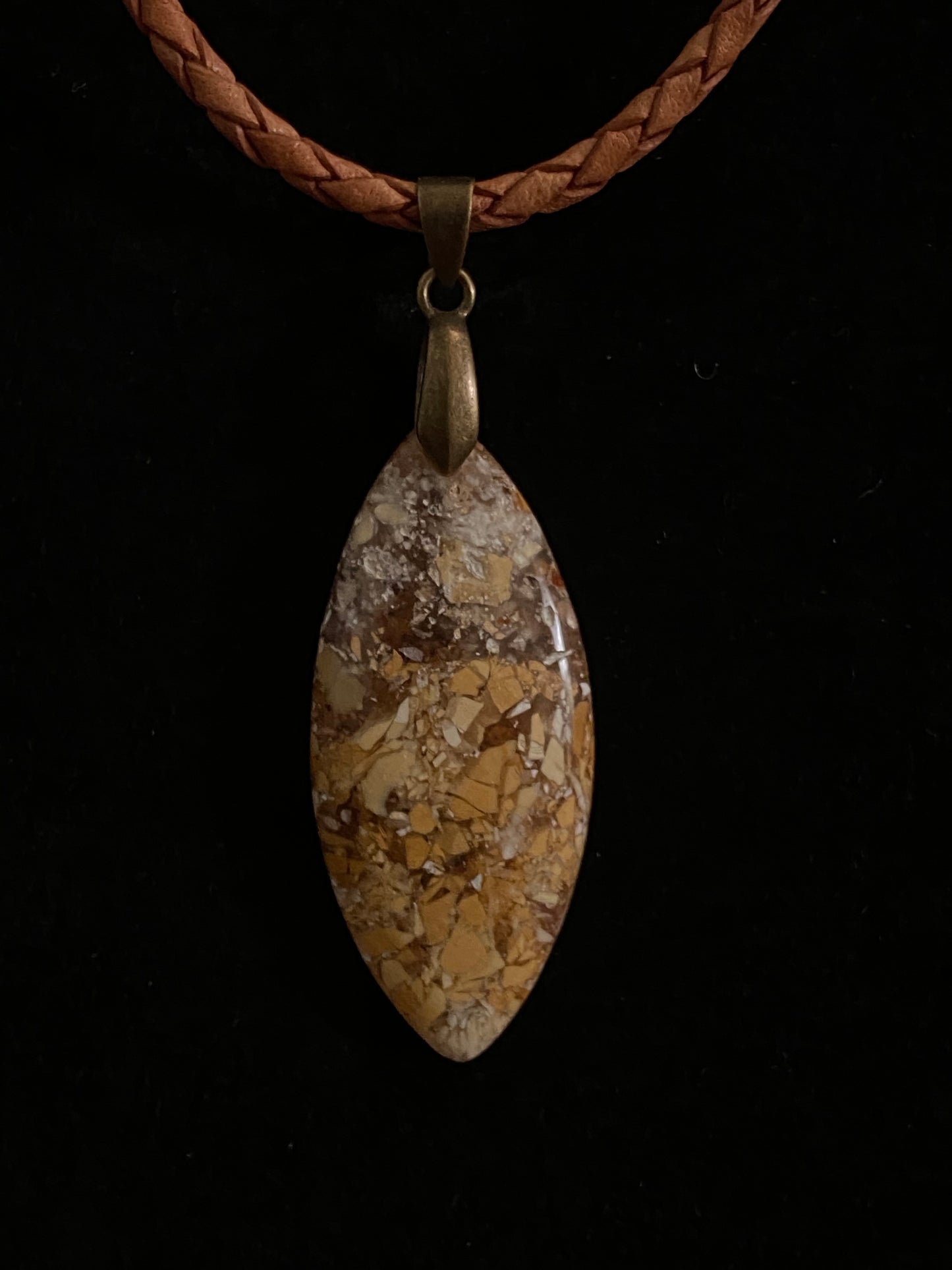 Yellow, Brown and White Brecciated Jasper with Orangish Brown Leather Cord Necklace