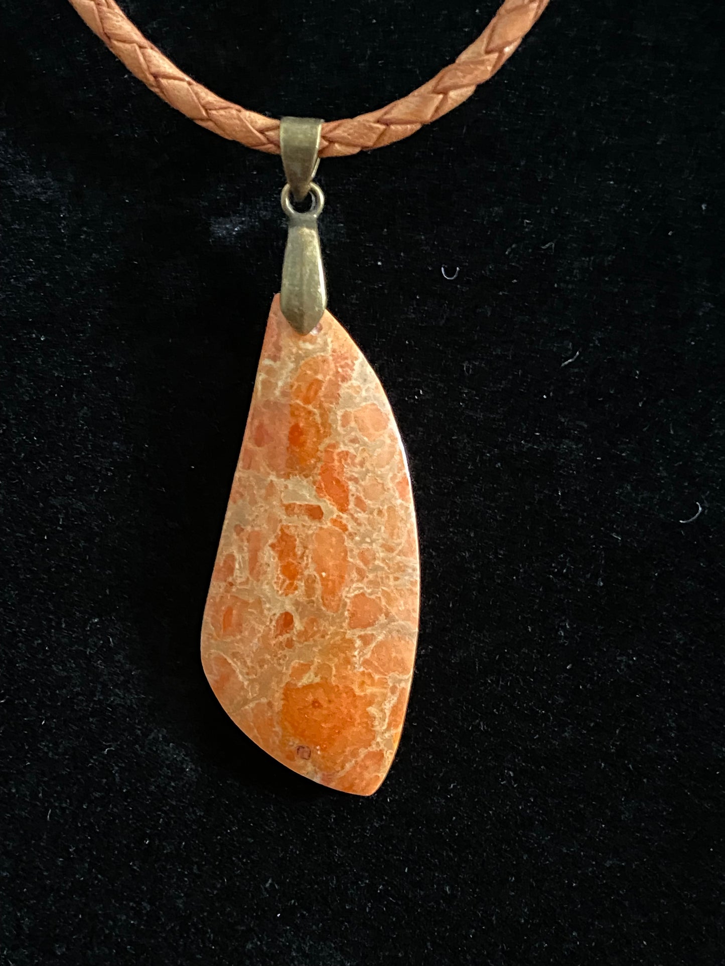 Orange and Tan Brecciated Jasper Cabochon with Orangish Brown Leather Cord Necklace