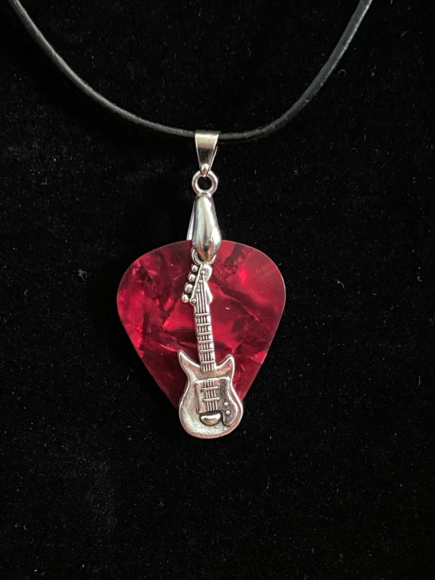 Red Guitar Pick with Silver Guitar Charm & Black Cord Necklace