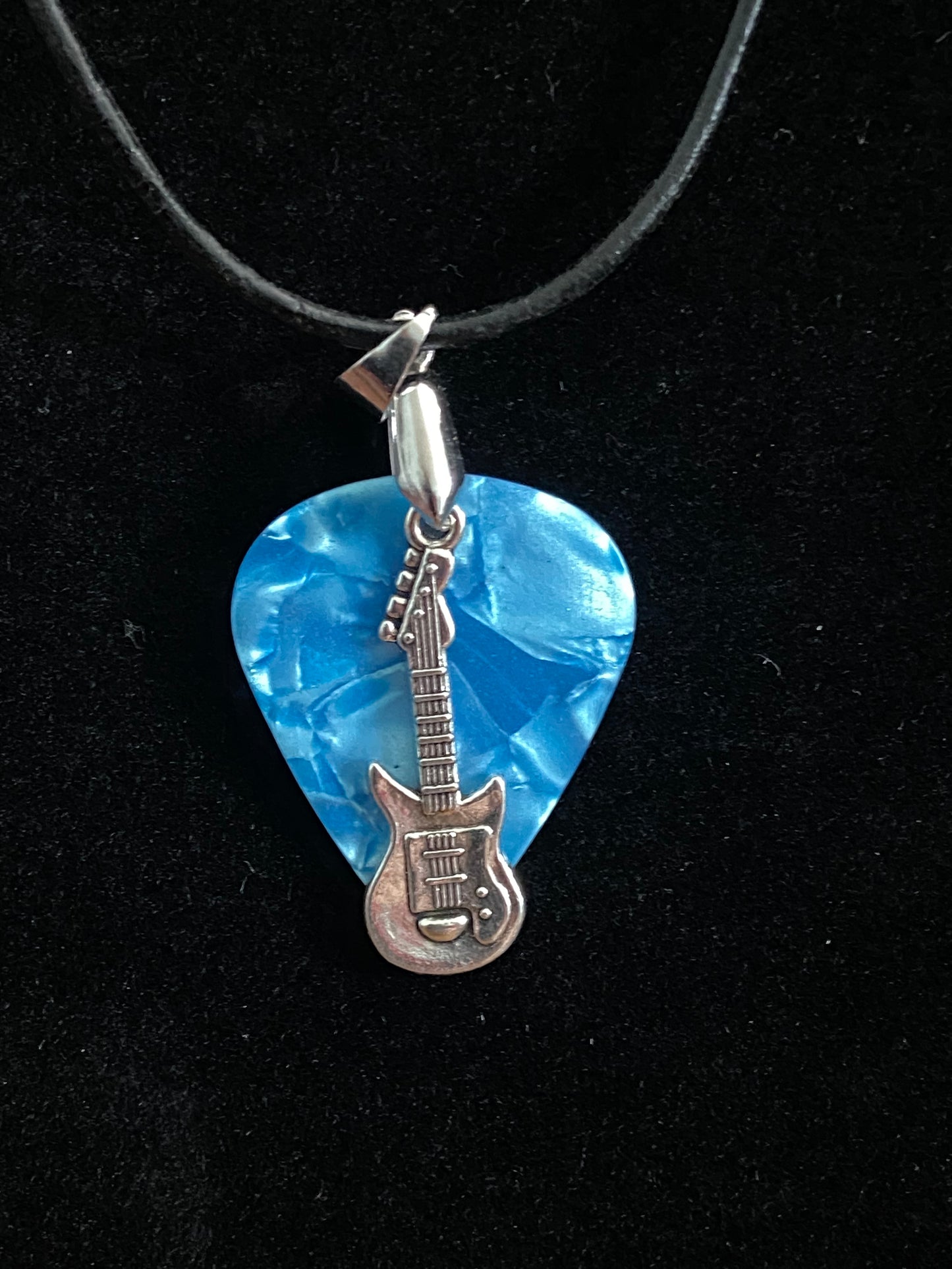 Blue Guitar Pick with Silver Guitar Charm & Black Cord Necklace