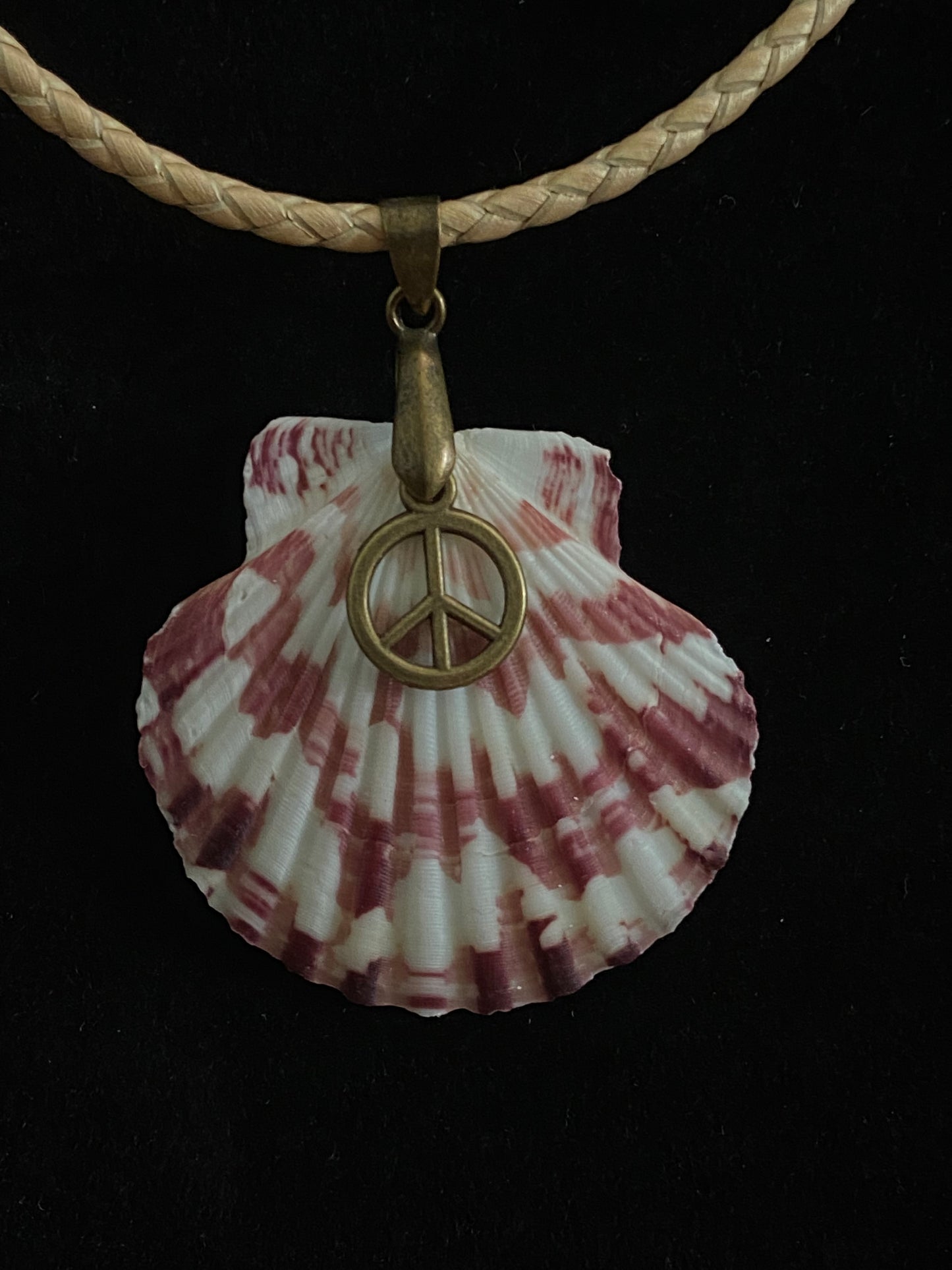 White & Maroon Seashell with Peace Charm on Tan Leather Cord Necklace