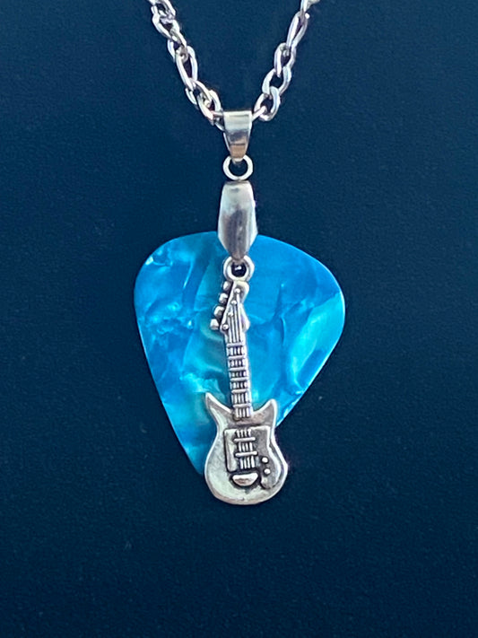 Blue Guitar Pick with Silver Guitar Charm & Chain Necklace