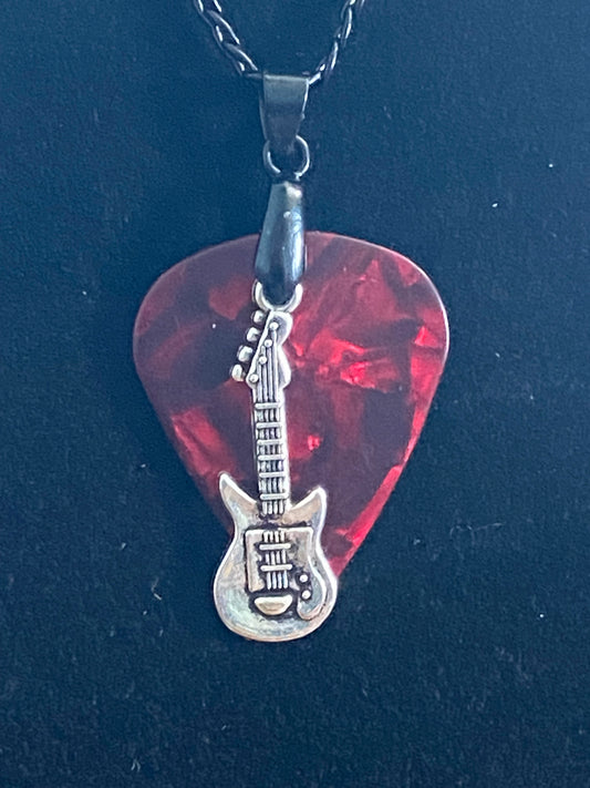 Red Guitar Pick with Silver Guitar Charm & Black Chain Necklace