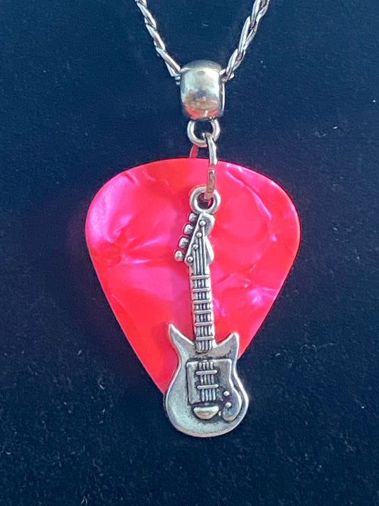 Pink Guitar Pick with Silver Guitar Charm & Silver Chain Necklace