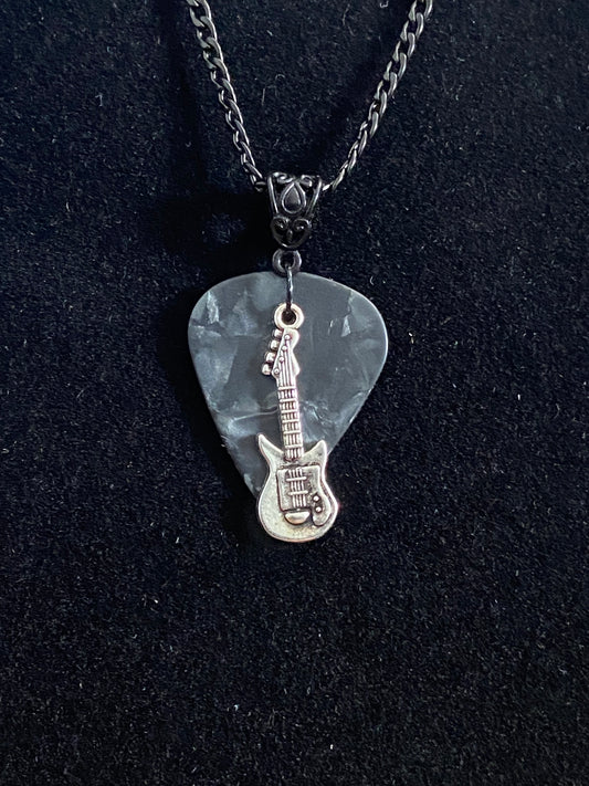 Black Guitar Pick with Silver Guitar Charm & Black Chain Necklace