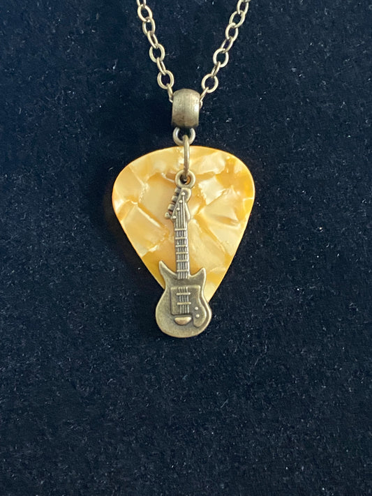 Yellow Guitar Pick with Antique Bronze Guitar Charm & Chain Necklace