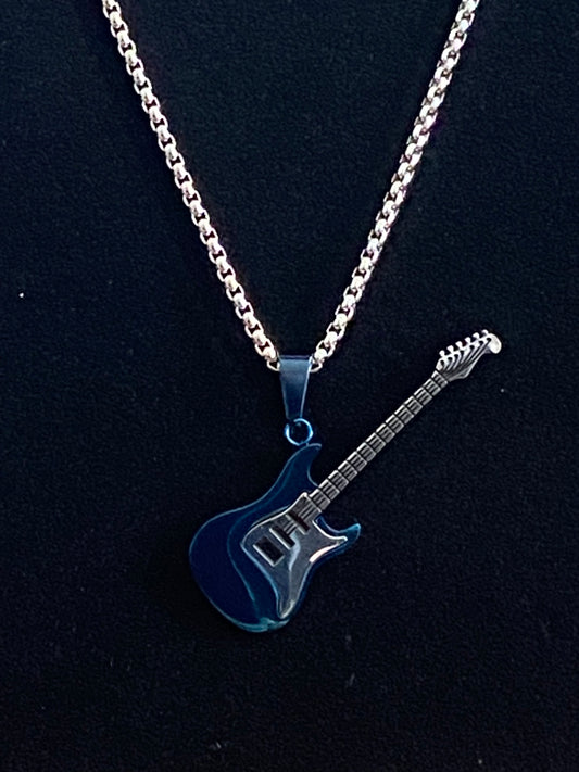 Blue Guitar Pendant & Silver Rope Chain Necklace