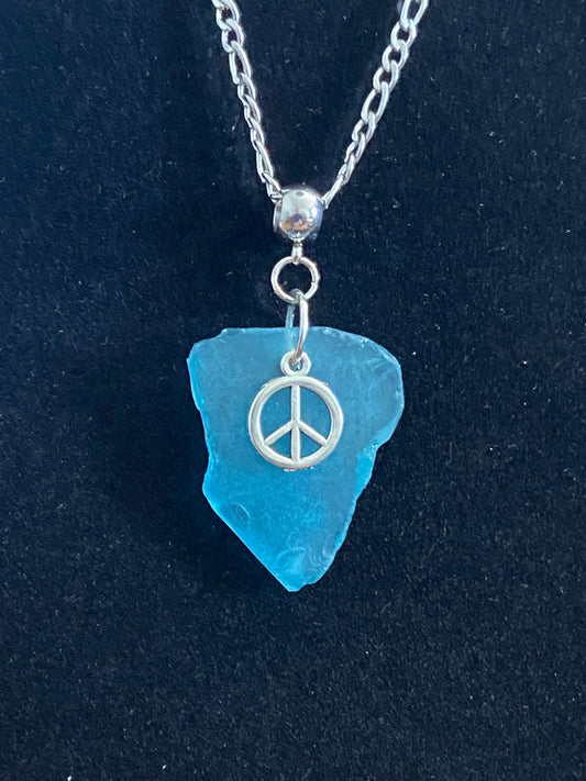 Blue Sea Glass with Peace Sign Charm & Silver Chain Necklace