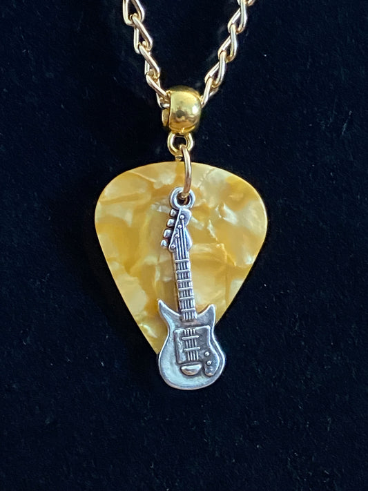 Yellow Guitar Pick with Silver Guitar Charm & Gold Chain Necklace