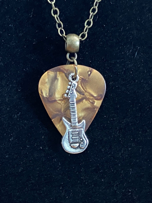 Gold Guitar Pick with Silver Guitar Charm & Antique Bronze Chain Necklace