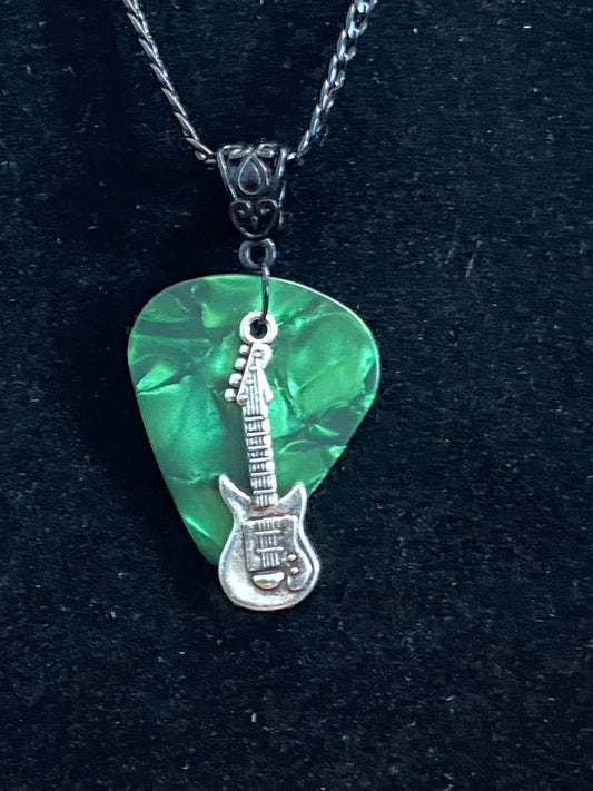 Green Guitar Pick with Silver Guitar Charm & Black Chain Necklace