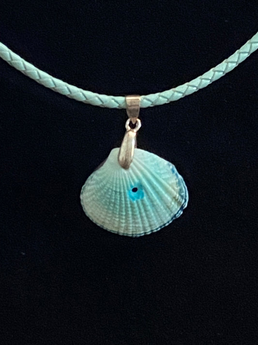 Aqua & Blue Seashell & Aqua Leather Cord Necklace (slight imperfection)