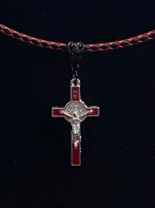Red Crucifix with Red & Black Leather Cord Necklace