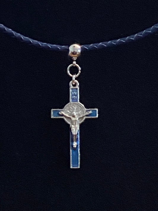 Blue Crucifix & Blue Leather Cord Necklace