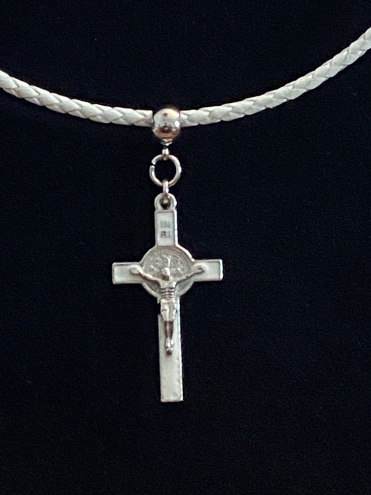White Crucifix & White Leather Cord Necklace