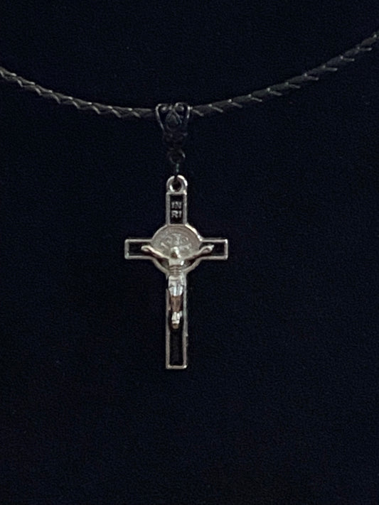 Black Crucifix & Black Leather Cord Necklace