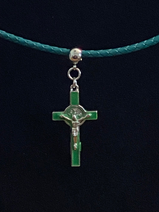 Green Crucifix & Green Leather Cord Necklace