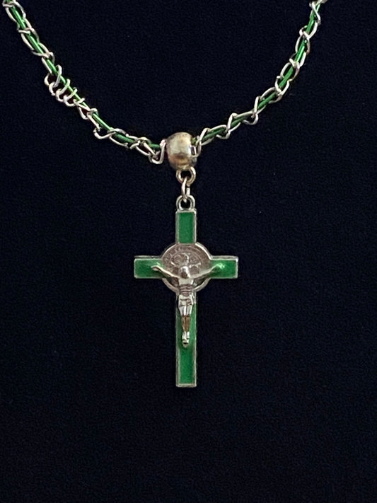 Green Crucifix with Green & Silver Chain Necklace