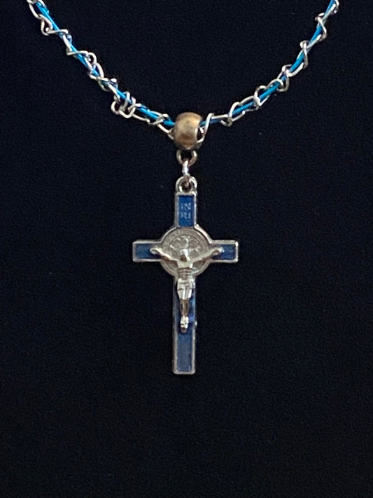 Blue Crucifix with Blue & Silver Chain Necklace