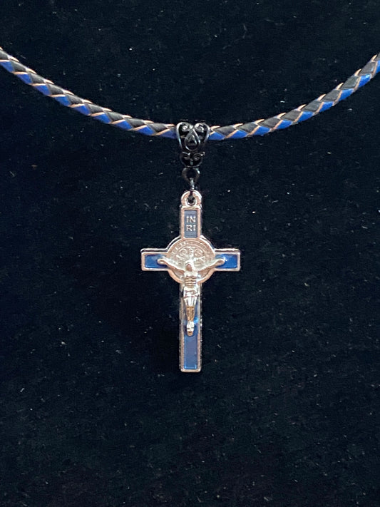 Blue Crucifix with Blue & Black Leather Cord Necklace