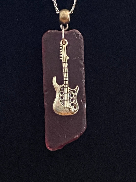 Purple Sea Glass with Guitar Charm & Silver Chain Necklace