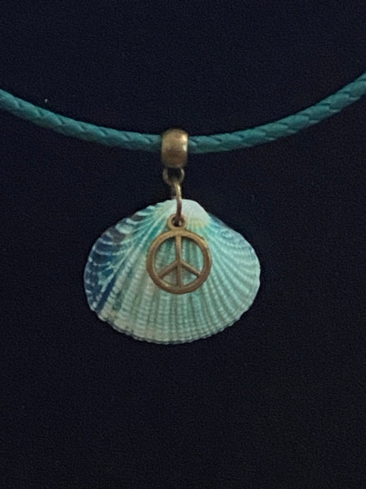 Aqua Seashell with Peace Charm & Green Leather Cord Necklace