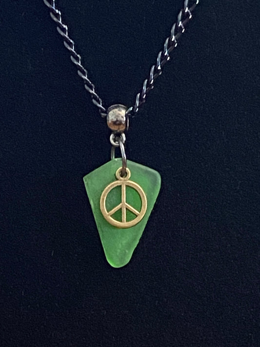 Green Sea Glass with Peace Sign Charm & Black Chain Necklace