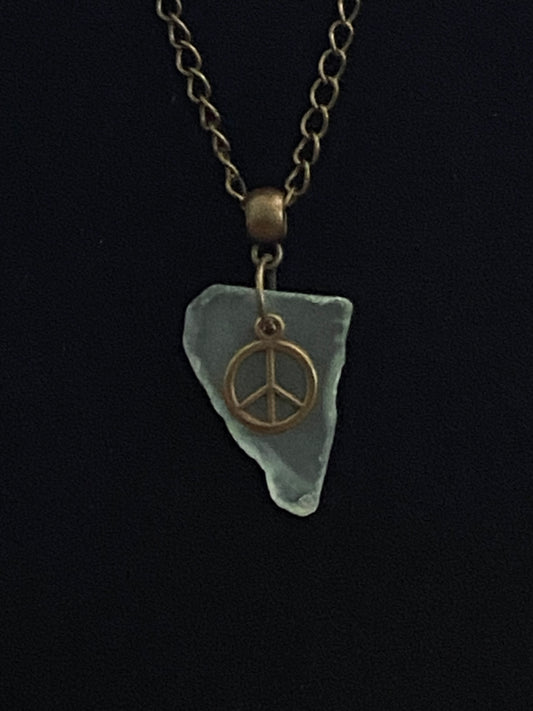 Green Sea Glass with Peace Sign Charm & Antique Bronze Chain Necklace