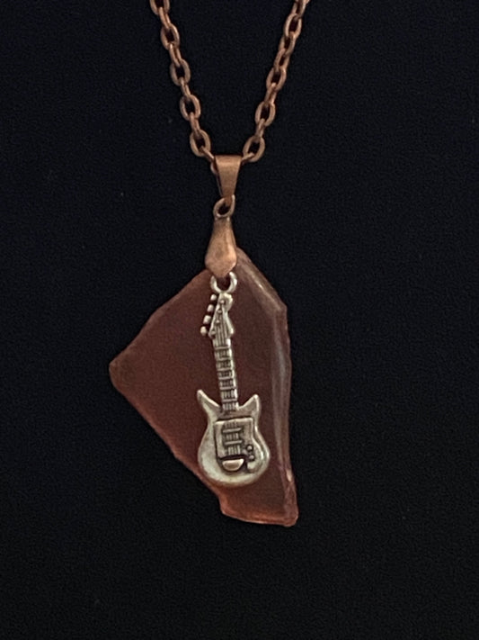 Brown Sea Glass with Guitar Charm & Red Copper Necklace
