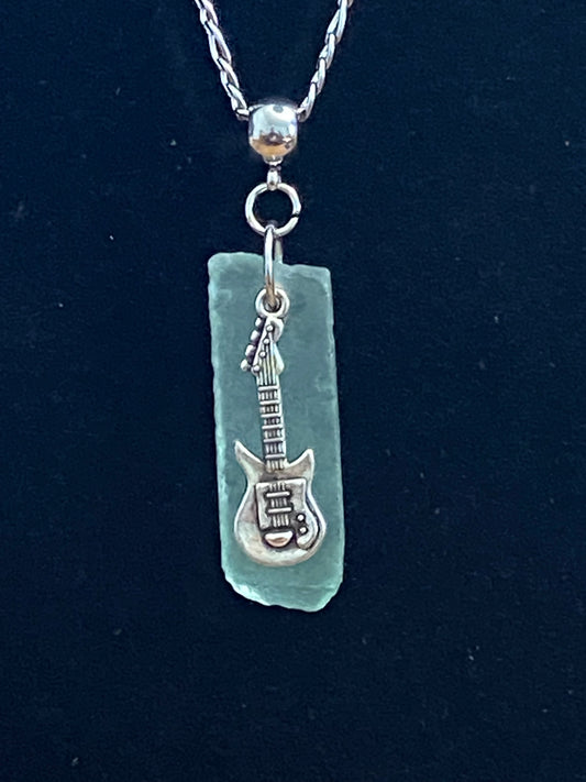 Green Sea Glass with Guitar Charm & Silver Chain Necklace