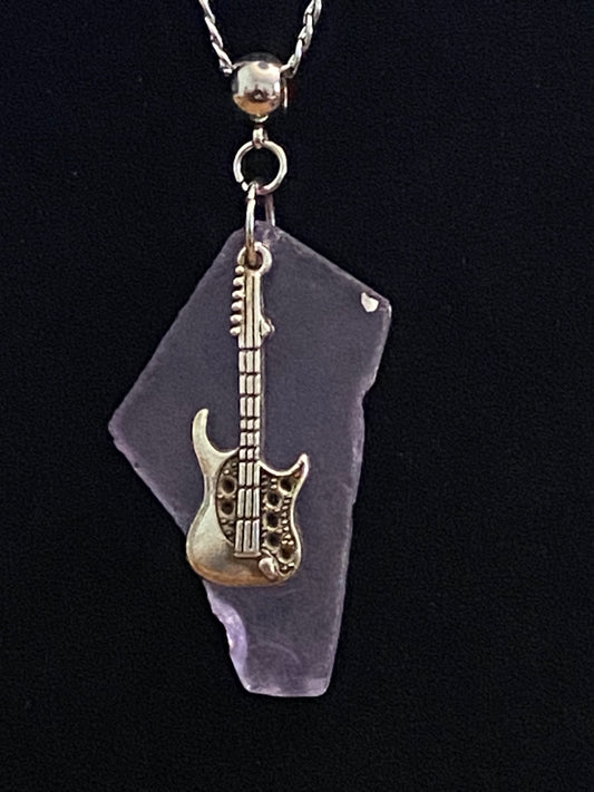 Purple Sea Glass with Guitar Charm & Silver Chain Necklace