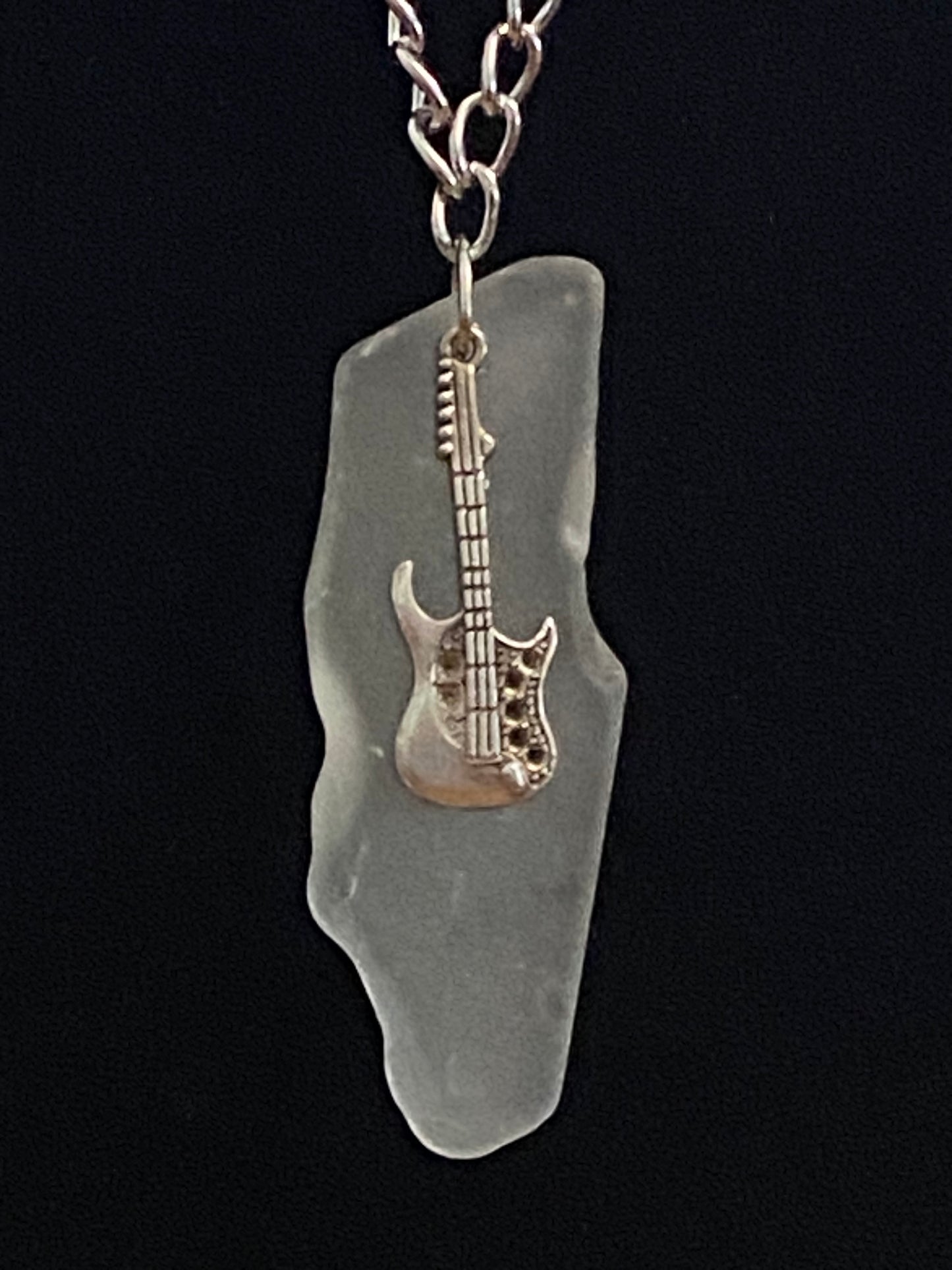 White Sea Glass with Guitar Charm & Silver Chain Necklace