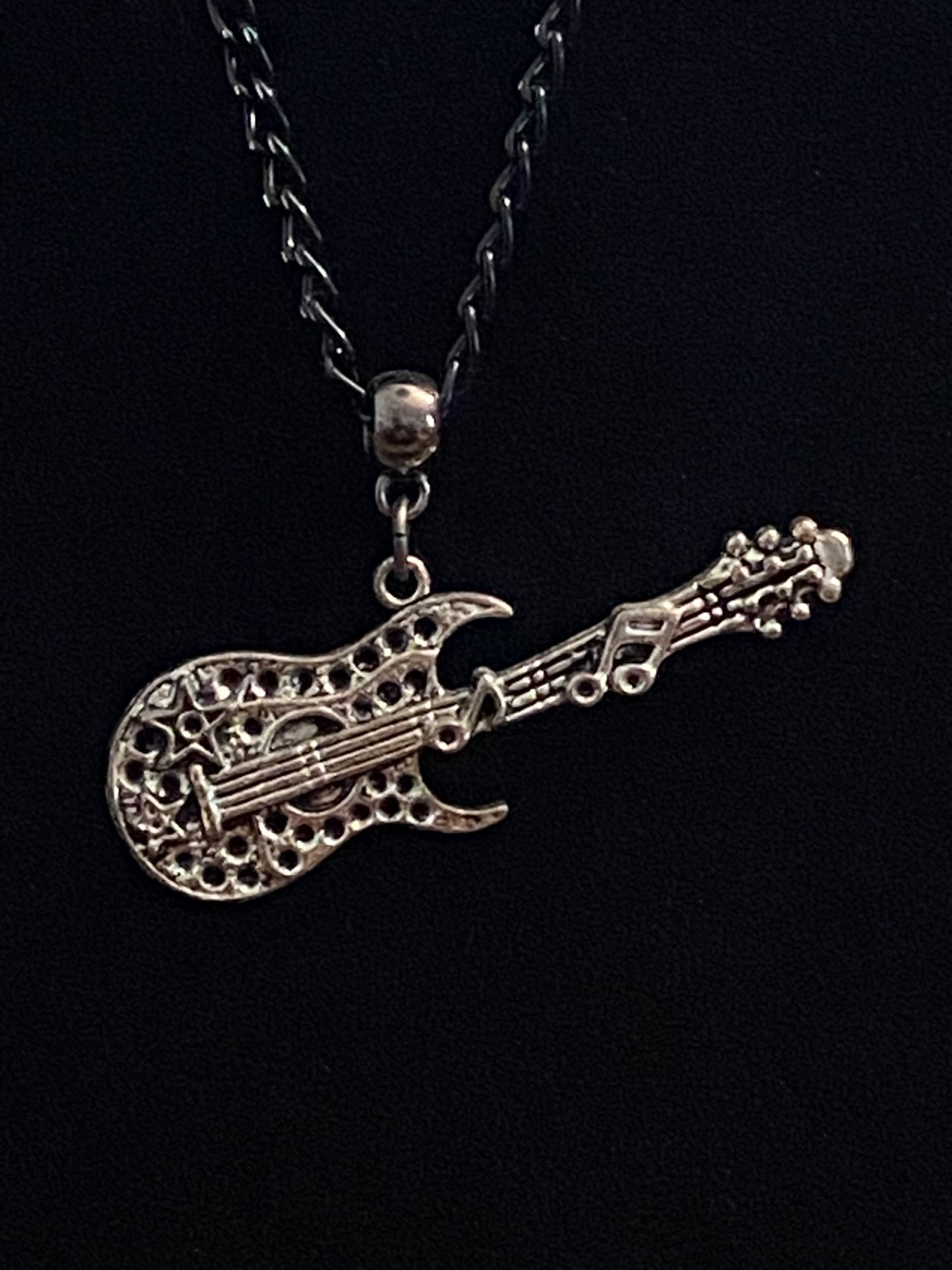 Silver & Black Guitar Charm with Black Chain Necklace