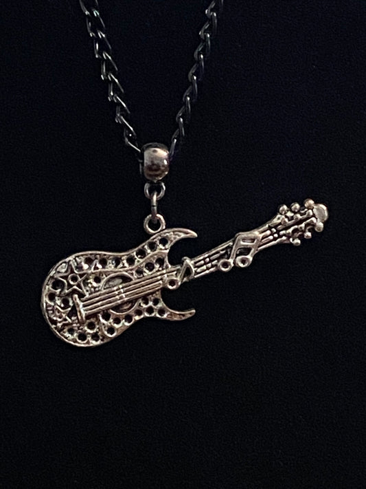 Silver & Black Guitar Charm with Black Chain Necklace