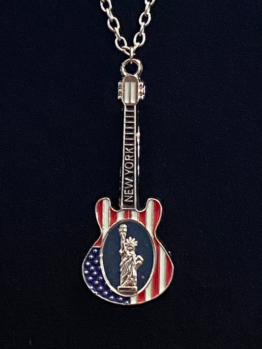 Red, White & Blue Guitar Charm with Silver Chain Necklace