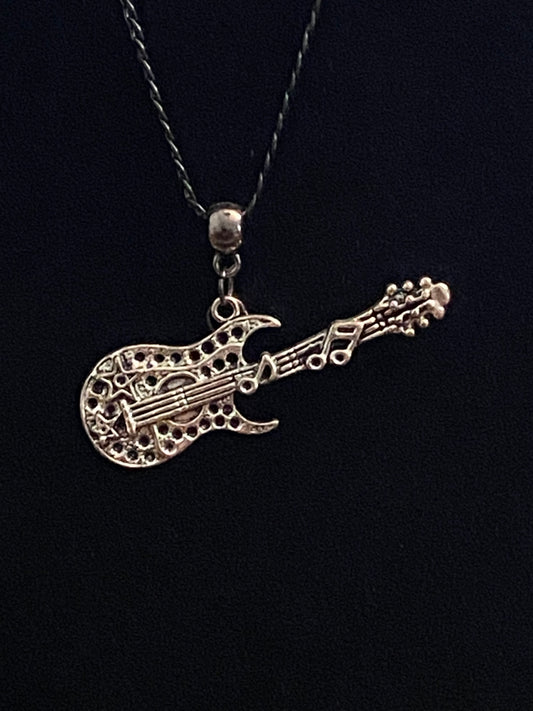 Silver & Black Guitar Charm with Black Chain Necklace