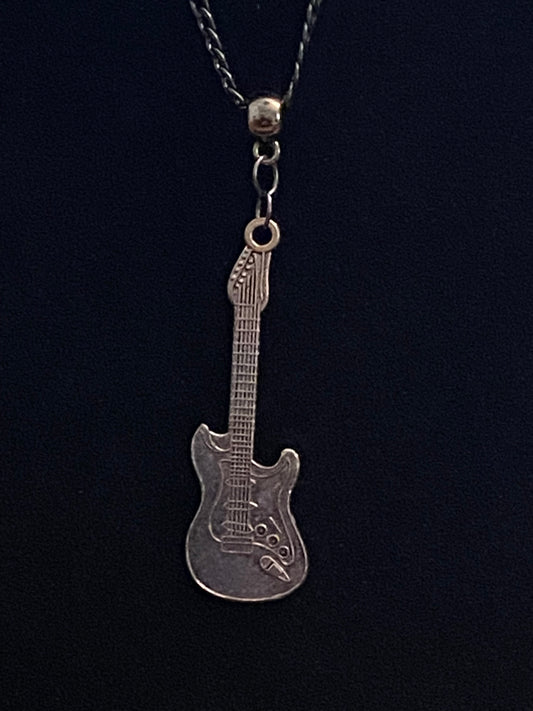 Dark Gray Guitar Charm with Black Chain Necklace