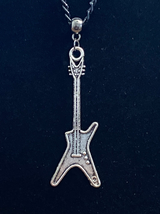 Silver Guitar Charm with Black Chain Necklace