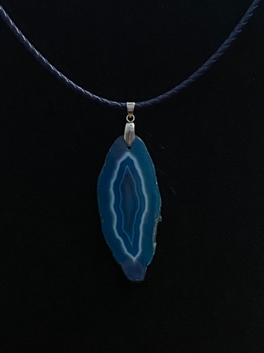Sliced Blue Agate with Blue & Tan Leather Cord Necklace