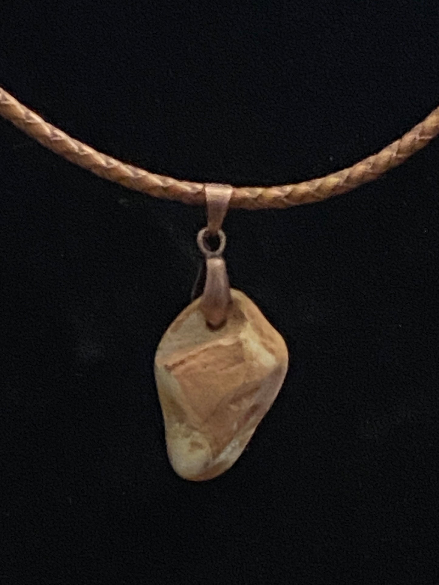 Tan & Gray Rock with Dark Tan Leather Cord Necklace
