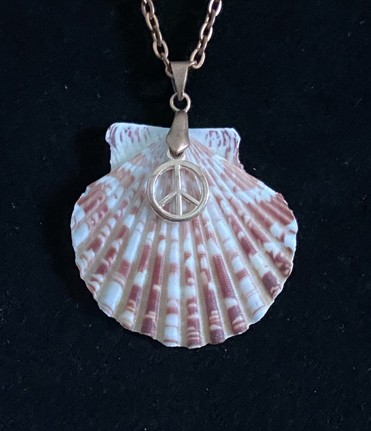 White & Maroon Seashell with Red Copper Necklace and Peace Sign Charm