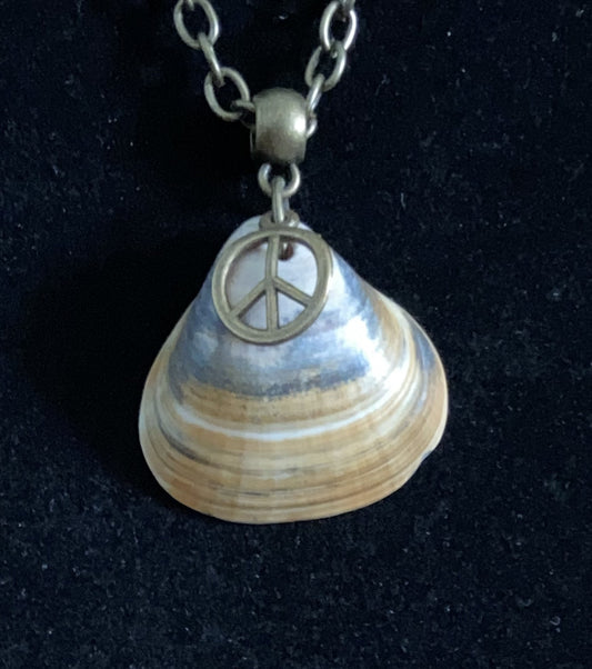 Tan & Gray Seashell with Antique Bronze Necklace and Peace Sign Charm